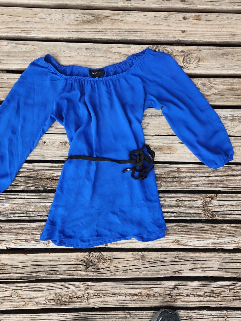 AB Studio Royal Blue Black Chiffon Sheer Off Shoulder XS Top 3/4 Sleeve